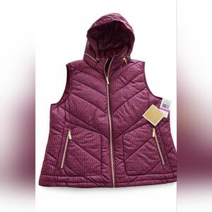 Michael Kors Quilted Logo Puffer Vest w Hood Burgundy NWT XXL